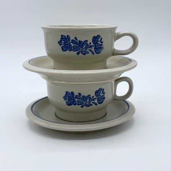 Pfaltzgraff Yorktown Vintage Blue & White Stoneware Tea Cup & Saucer Set Of 2 - Picture 4 of 4
